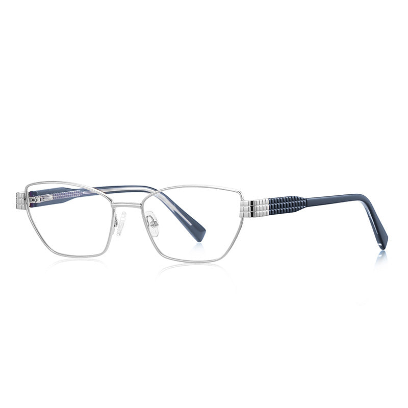 Grid-Texture Metal Cat Eye Blue Light Blocking Glasses in Silver & Black