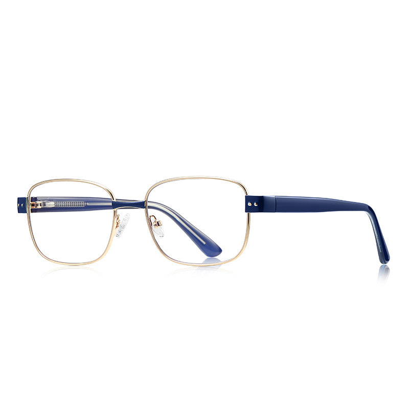 Block Hinge Metal Square Blue Light Blocking Glasses in Gold with Royal Blue Temples