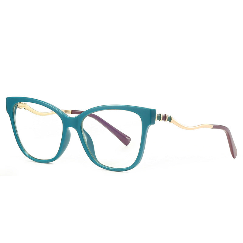 Serpentine Temple Cat Eye Spring Hinge Blue Light Blocking Glasses in Emerald Teal Green with Gold Serpentine Temples and Plum Tips