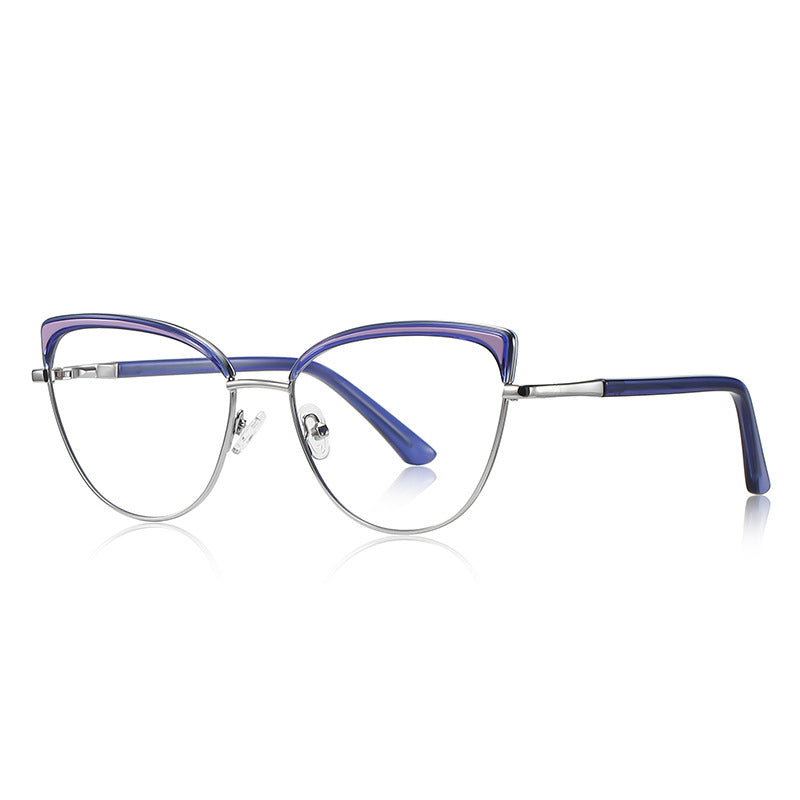 Brow Cap Metal Cat Eye Blue Light Blocking Glasses in Polished Silver and Royal Purple