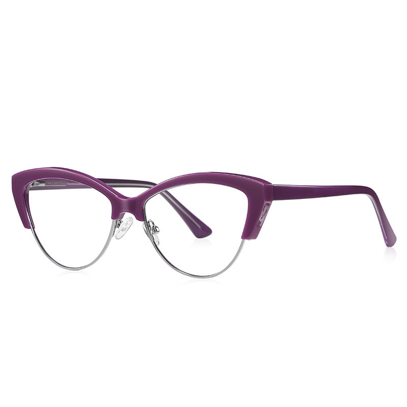 Metal Rim Browline Cat Eye Blue Light Blocking Glasses in Plum Berry Purple & Silver