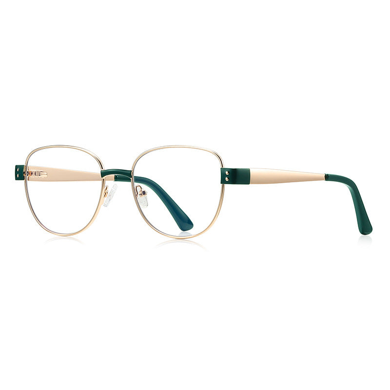 Dual Rivet Metal Round Blue Light Blocking Glasses in Gold & Forest Green