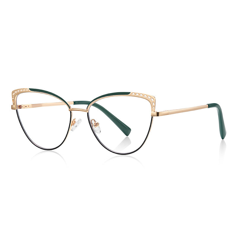 Rhinestone Wing Metal Cat Eye Spring Hinge Blue Light Blocking Glasses in Gold and Emerald Green