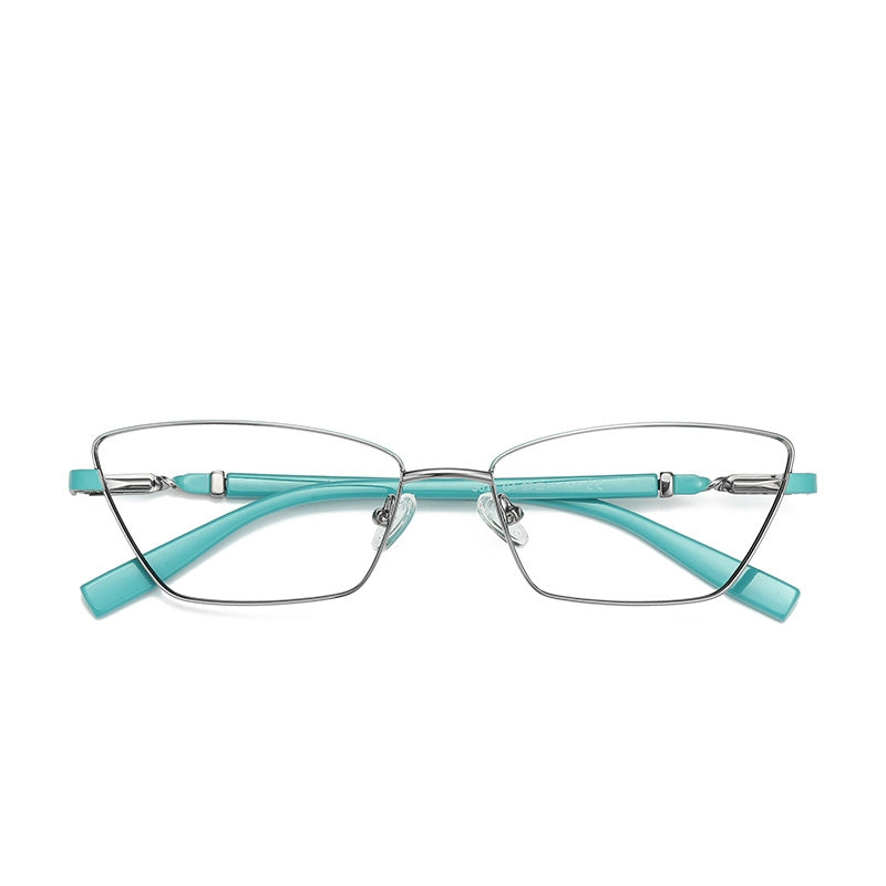 Contrast Sleeve Metal Cat Eye Blue Light Blocking Glasses in Silver with Mint Green