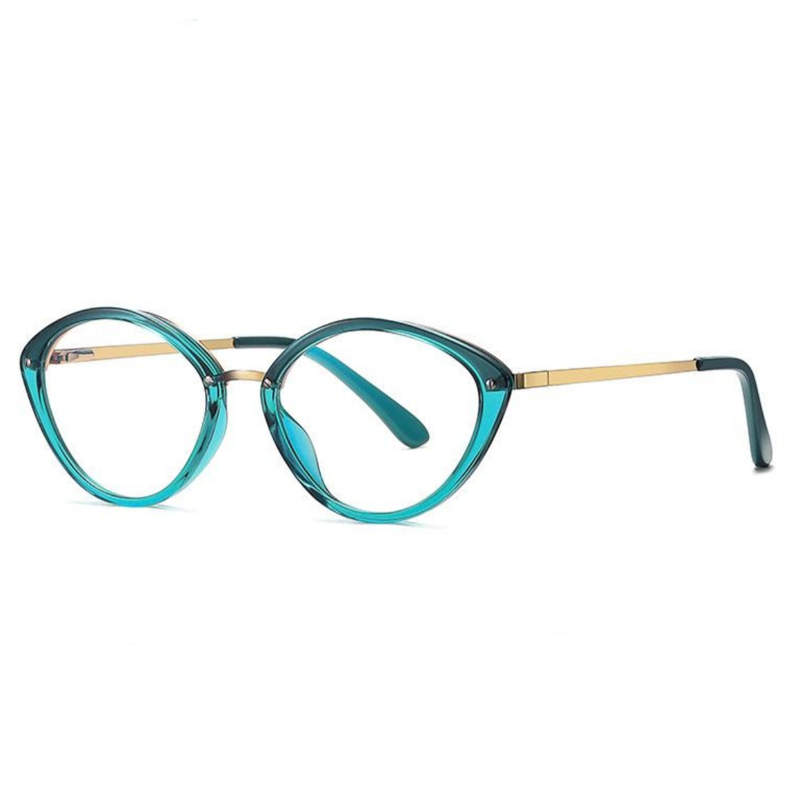 LENSVA Metal Bridge Cat Eye Spring Hinge Blue Light Glasses in Emerald Teal and Gold