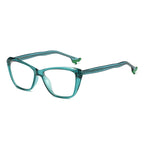 High Heel Temple Cat Eye Blue Light Blocking Glasses in Translucent Emerald Teal with Green Heel Tips