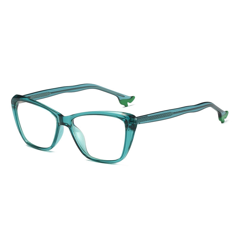 High Heel Temple Cat Eye Blue Light Blocking Glasses in Translucent Emerald Teal with Green Heel Tips