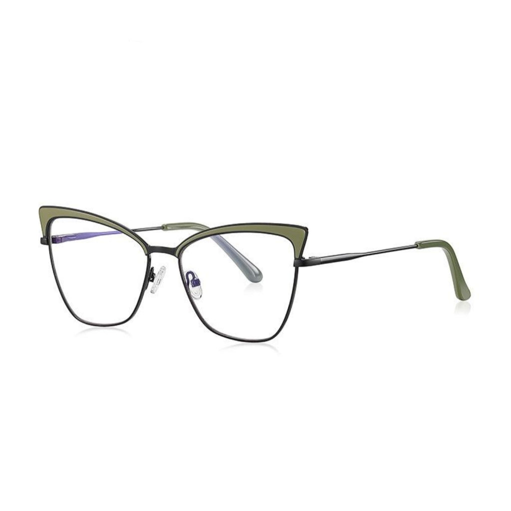Bicolor Brow Metal Cat Eye Blue Light Blocking Glasses in Gunmetal with Olive Green Bicolor Brow