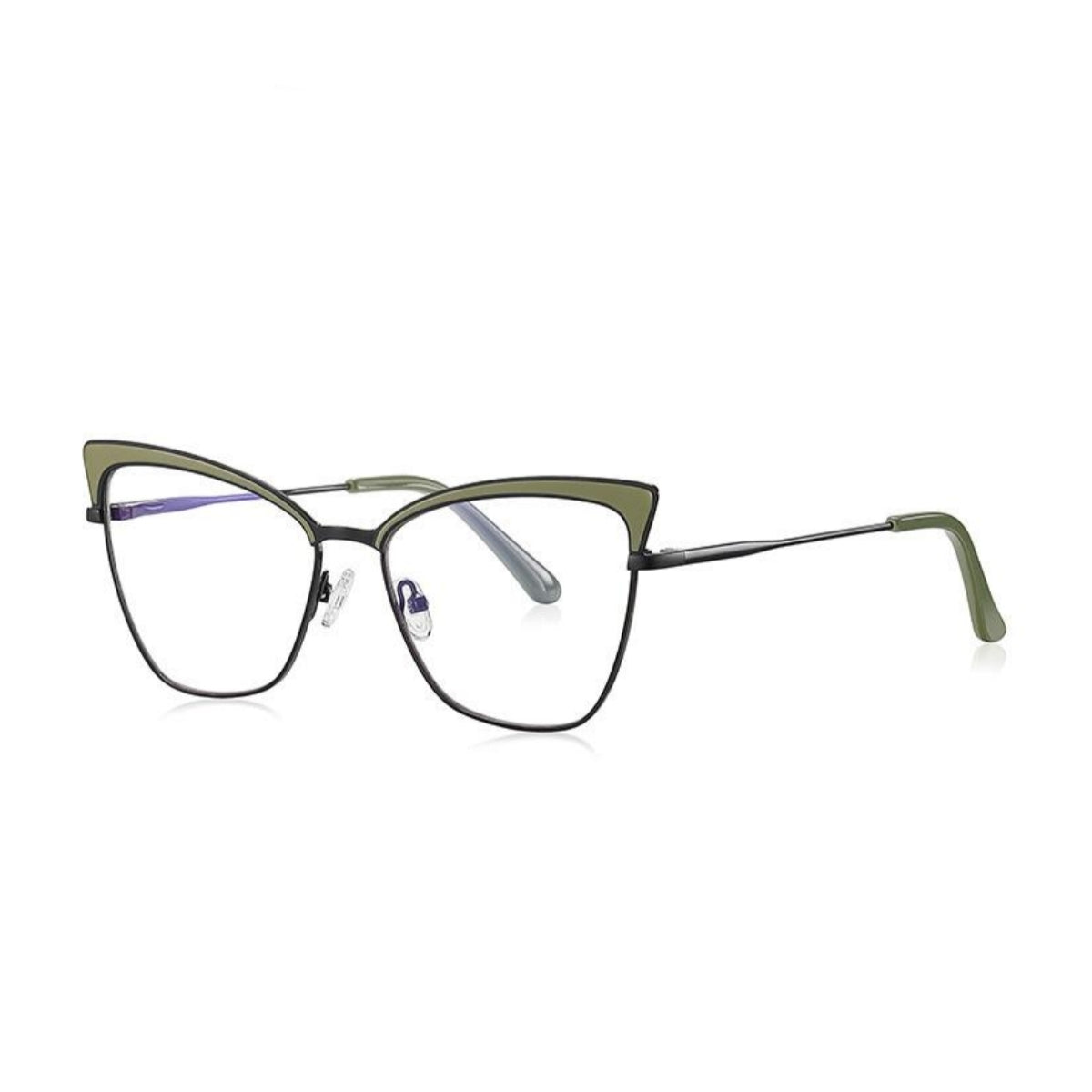 Bicolor Brow Metal Cat Eye Blue Light Blocking Glasses in Gunmetal with Olive Green Bicolor Brow