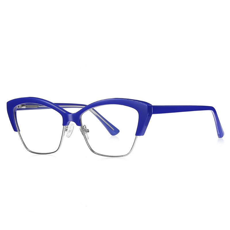 Flared Browline Cat Eye Blue Light Blocking Glasses in Royal Cobalt Blue & Silver