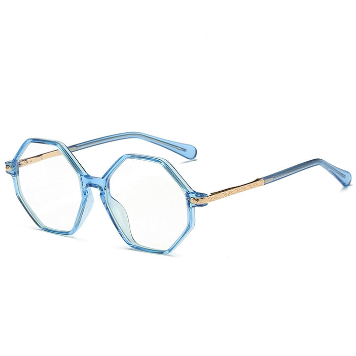 Geometric Octagon Spring Hinge Blue Light Blocking Glasses in Translucent Sky Blue with Gold Temples