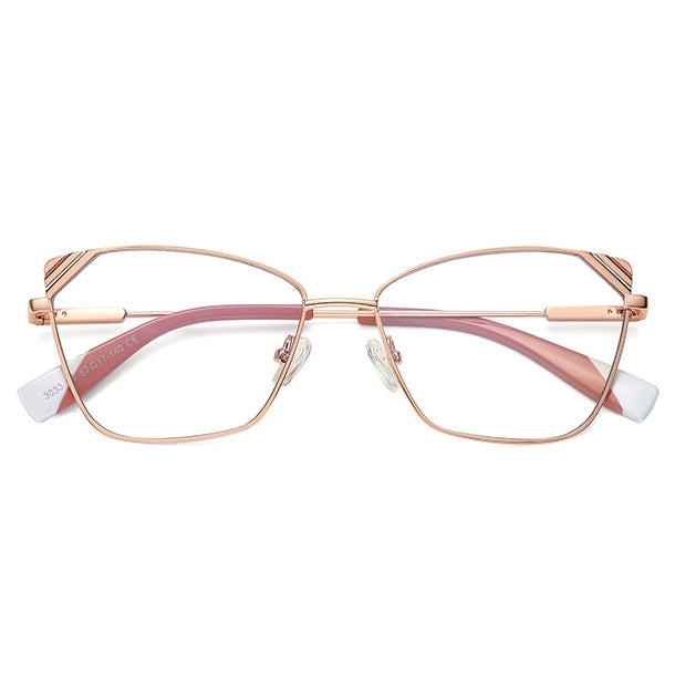 Striped Corner Metal Butterfly Spring Hinge Blue Light Blocking Glasses in Rose Gold with Rose & Gold Striped Corners and Dusty Rose & White Tips