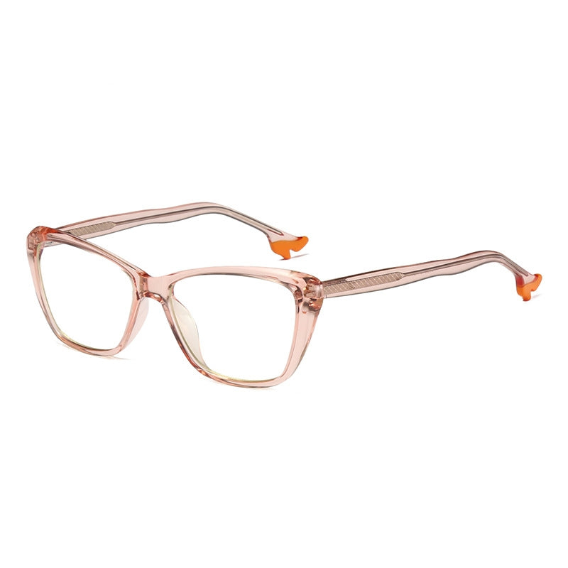 High Heel Temple Cat Eye Blue Light Blocking Glasses in Translucent Blush Pink with Orange Heel Tips