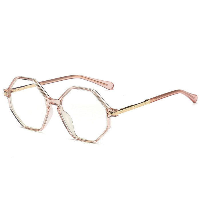 Geometric Octagon Spring Hinge Blue Light Blocking Glasses in Translucent Blush Pink with Rose Gold Temples
